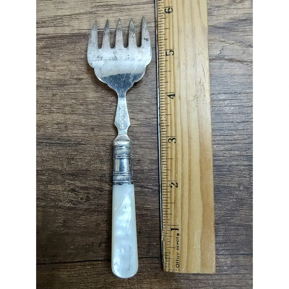 Antique EPNS Fish Serving Fork Mother of Pearl Handle Sterling Collar Engraved